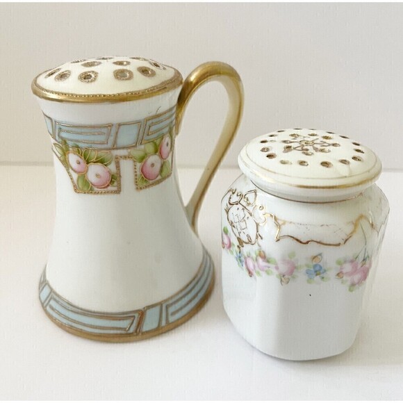 Nippon Porcelain Sugar Shaker Salt Pepper Romantic Pink Blue Hand Paint Lot 2x - Picture 1 of 16